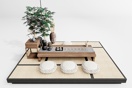 Japanese Tea Table and Chair Tea Table and Chair Tatami Tea Table Cushion Decorative Bamboo 3d model