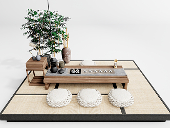 Japanese Tea Table and Chair Tea Table and Chair Tatami Tea Table Cushion Decorative Bamboo 3d model