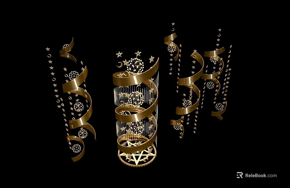 Gold Decorative Pendant with Spiral Design Stars Moon and Pentagram Elements for Ornamental Use 3d model 