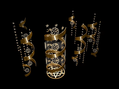 Gold Decorative Pendant with Spiral Design Stars Moon and Pentagram Elements for Ornamental Use 3d model