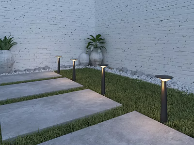 Garden Landscape With White Brick Walls Stone Slab Pathway Lawn Ground Lights And Green Plants 3d model
