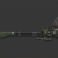 Green and Brown Mechanical Cannon with Long Barrel Metal Parts and Upper Structure