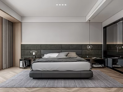 Modern Bedroom Interior With Large Bed Dark Headboard And Pendant Lights Area Rug 3d model