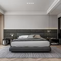 Modern Bedroom Interior With Large Bed Dark Headboard And Pendant Lights Area Rug
