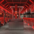 Modern Hotpot Restaurant Interior With Red Neon Lights And Decorative Metal Railings