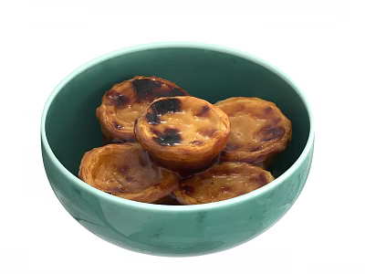 Freshly Baked Golden Brown Egg Tarts with Caramelized Tops in Green Bowl 3d model