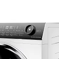 Modern Front Load Washing Machine With White Body Black Circular Door And Drum View