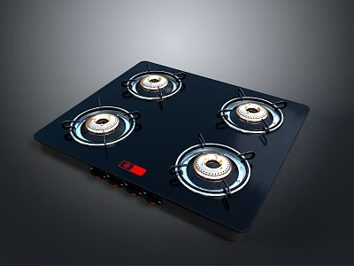 Modern Four Burner Gas Stove With Black Ceramic Glass Surface And Control Knobs 3d model