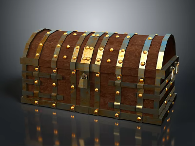 Vintage Brown Wooden Storage Chest With Brass Rivets Metal Decorations And Lock 3d model