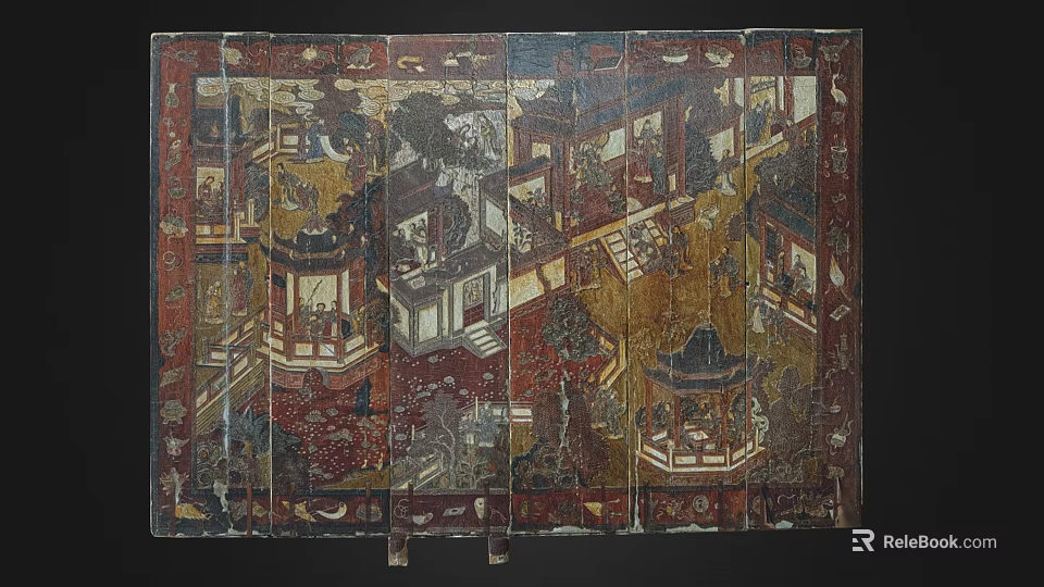 Antique Chinese Screen With Intricate Architectural Paintings And Gold Red Tones 3d model 
