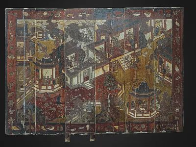 Antique Chinese Screen With Intricate Architectural Paintings And Gold Red Tones 3d model