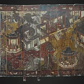 Antique Chinese Screen With Intricate Architectural Paintings And Gold Red Tones