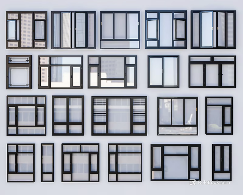 Various Modern Window Designs With Different Frame Styles And Glass Panels 3d model