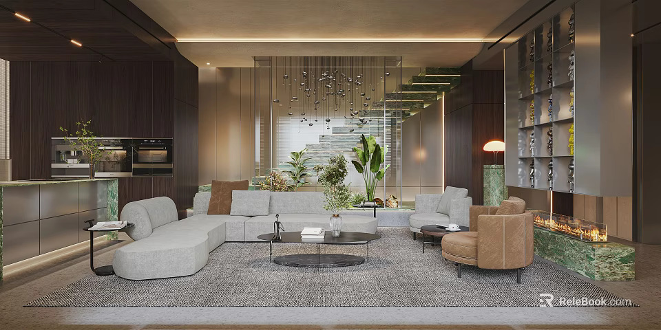 Elegant Modern Living Room With Gray L shaped Sofa Glass Coffee Table And Green Plants 3d model 