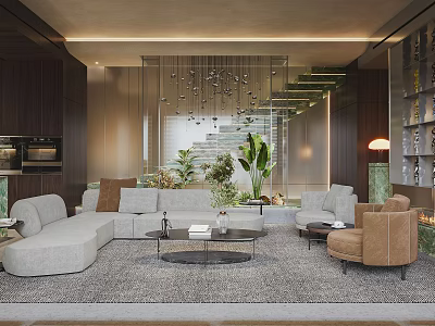 Elegant Modern Living Room With Gray L shaped Sofa Glass Coffee Table And Green Plants 3d model