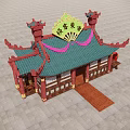 Ancient Chinese Architecture With Green Tiled Roof Overhanging Eaves And Red Pillars