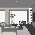 Modern Living Room With Beige Sofa Floor-to-Ceiling Windows Coffee Table Armchair TV Wall And Bookshelves