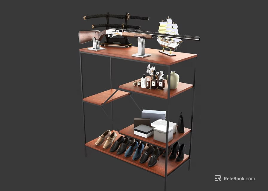 Wooden Multi Tier Storage Shelf With Decorative Items And Shoes Organization 3d model 