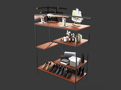 Wooden Multi Tier Storage Shelf With Decorative Items And Shoes Organization 3d model