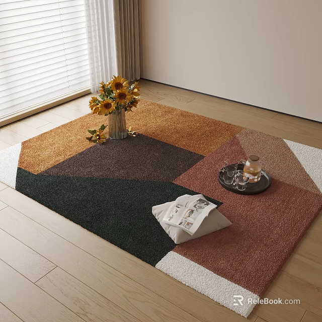 Square Rug With Geometric Color Blocks Sunflowers Vase Tray Cup And Book On Wooden Floor 3d model 