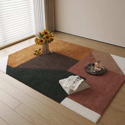 Square Rug With Geometric Color Blocks Sunflowers Vase Tray Cup And Book On Wooden Floor 3d model