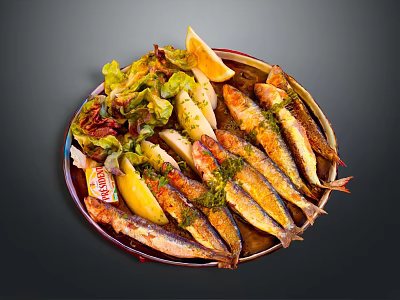 Grilled Small Fish Dish With Lemon Slices Fresh Lettuce And Herbs On Metal Plate 3d model