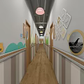 Qiyou Education Children's Preschool Reception With Orange Circular Decorations Cartoon Dolls Wooden Flooring Green Plants