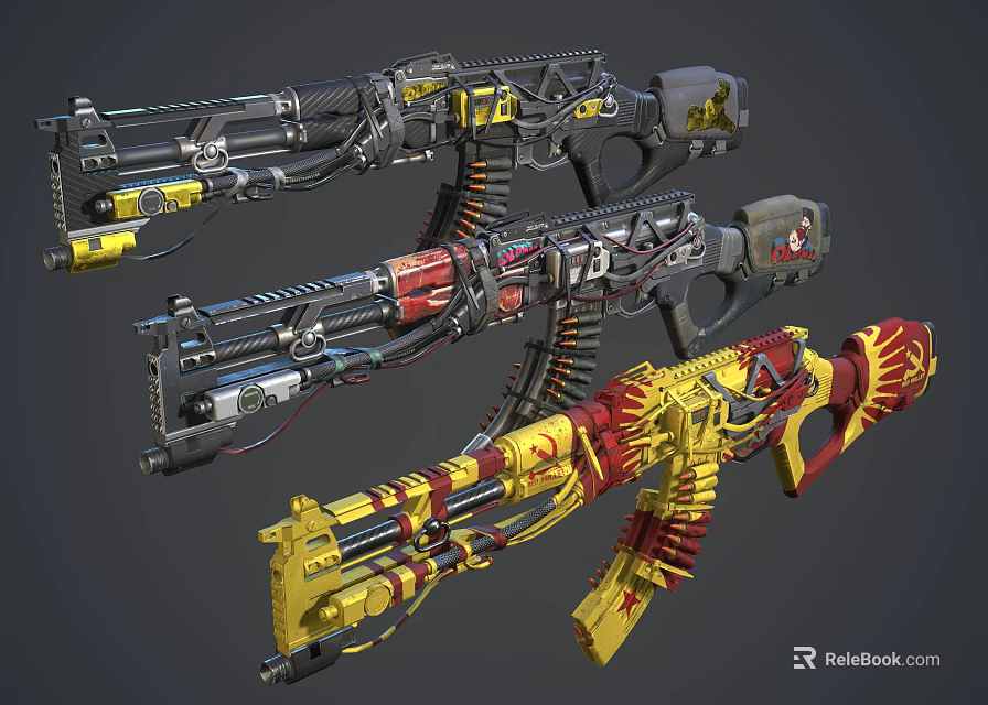 Three Colorful Futuristic Rifles With Intricate Design And Decorative Details 3d model 