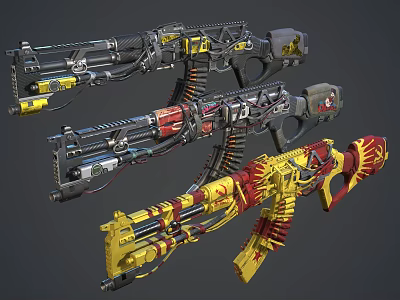 Three Colorful Futuristic Rifles With Intricate Design And Decorative Details 3d model
