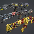 Three Colorful Futuristic Rifles With Intricate Design And Decorative Details