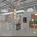 Chinese Style Restaurant Interior With Decorative Signs Wooden Tables And Hanging Lights