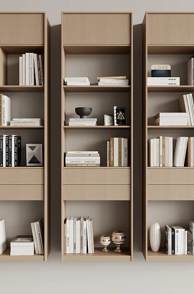 Modern Wooden Bookcase With Open Shelves Books And Decorative Items 3d model