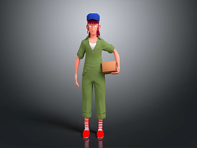 Man wearing green jumpsuit and blue cap holding brown box with red shoes 3d model