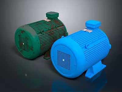 Green and Blue Industrial Electric Motors with Front Grilles and Metal Housings 3d model