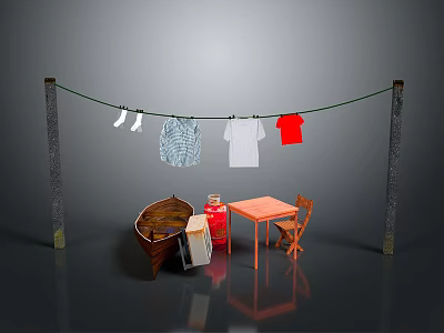 Outdoor Laundry Scene With Clothesline Hanging Clothes Small Boat Table And Chair 3d model