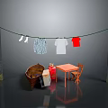 Outdoor Laundry Scene With Clothesline Hanging Clothes Small Boat Table And Chair