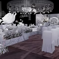 Elegant Wedding Venue Setup With White Roses Marble Steps And Chandelier Decorations
