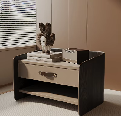Stylish Bedroom Nightstand With Drawer Stuffed Toy Books And Box By Window Blinds 3d model