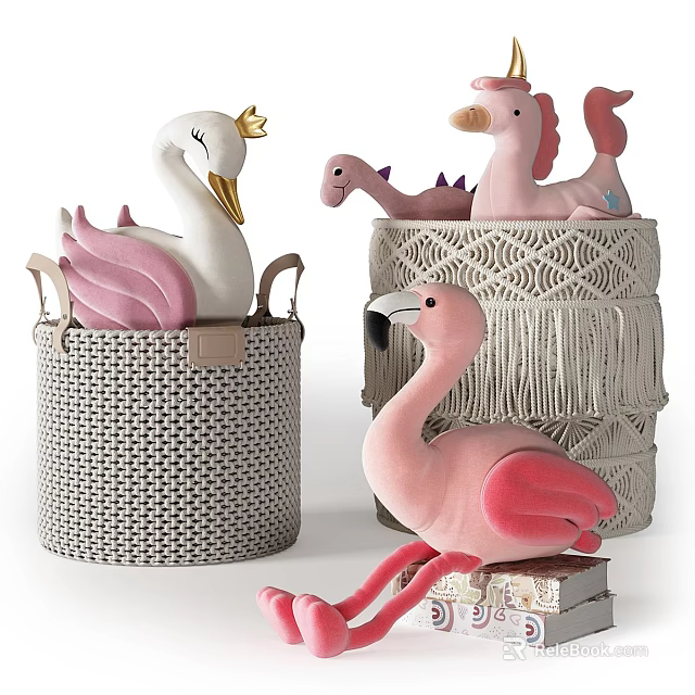 Cute Plush Stuffed Swan Dinosaur Unicorn Flamingo Toys In Woven Baskets 3d model 