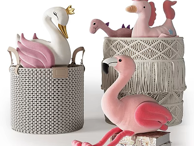 Cute Plush Stuffed Swan Dinosaur Unicorn Flamingo Toys In Woven Baskets 3d model