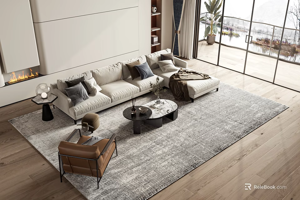 Modern Sofa Coffee Table Combination With Accent Chair Area Rug Fireplace And Large Windows 3d model 