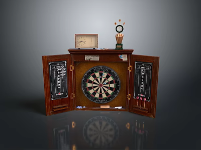 Wooden Dart Cabinet With Open Doors Dartboard Darts Trophy And Scoreboard 3d model