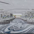 Luxurious Banquet Hall Interior Design with Set Tables Chair Covers Flower Arrangements and Elegant Carpet
