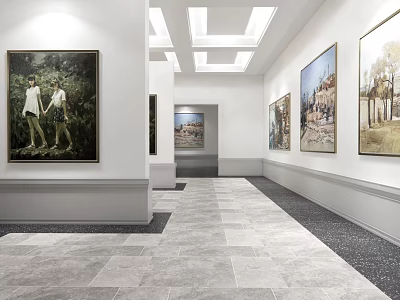 Art Exhibition Corridor With Framed Paintings And Ceiling Lighting Design 3d model