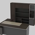 Modern Dark Wood Office Desk Setup With Storage Cabinet And Glass Door Shelves