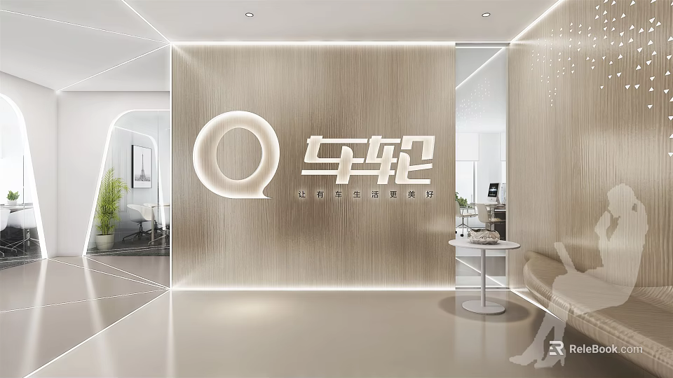 Modern Front Desk Reception With Wooden Backdrop Illuminated Logo And Automotive Design Elements 3d model 