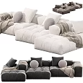 Velvet Upholstered Multi-seat Sectional Sofa in Neutral Tones with Plush Cushions and Throw Blankets