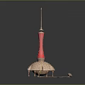 Red Tower Building With Umbrella Like Base And Illuminated Spire Top
