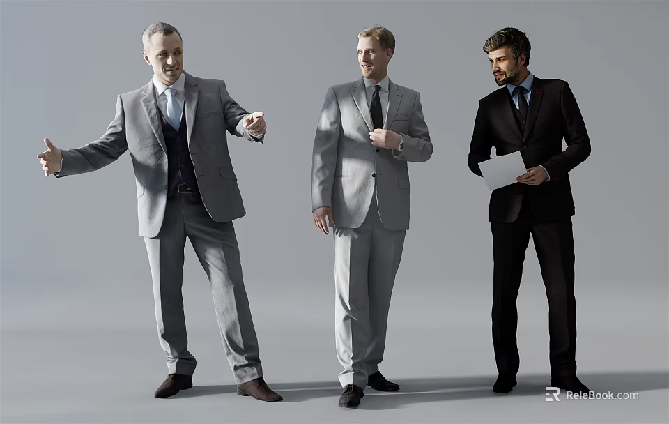 Three Men in Suits Gesturing Pointing and Holding Documents Together 3d model 