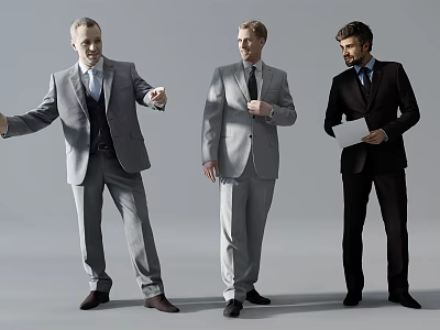 Three Men in Suits Gesturing Pointing and Holding Documents Together 3d model